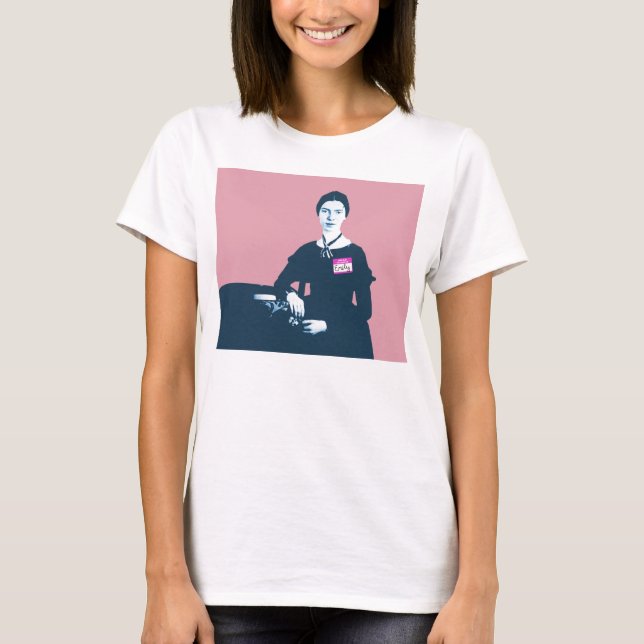 Emily Dickinson pink and blue shirt on white (Front)