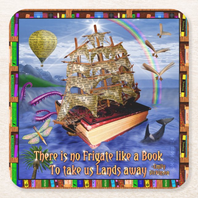 Emily Dickinson Poem Quote Book Ship Ocean Square Paper Coaster (Front)