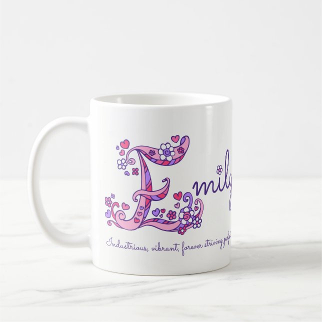 Emily name meaning heart flower E monogram mug (Left)