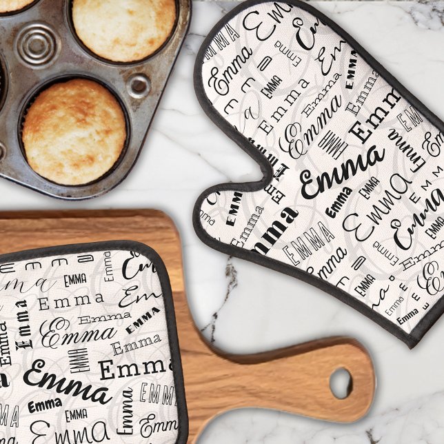Emma Custom Name  Black White Oven Mitt & Pot Holder Set (Creator Uploaded)