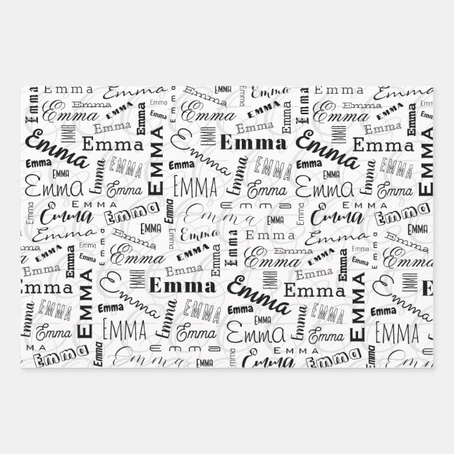 Emma Custom Name  Black White  Wrapping Paper Sheet (Front)