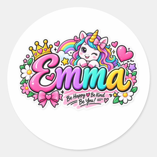Emma Cute Unicorn Personalised Name Sticker (Front)