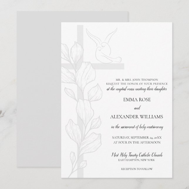 Emma Elegant Cross & Doves Catholic Wedding Invitation (Front/Back)