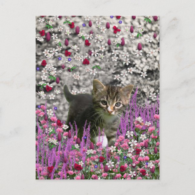 Emma in Flowers I – Little Grey Kitty Cat Postcard (Front)