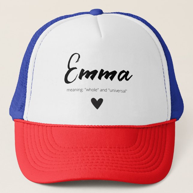 Emma Name Meaning Girls Kids Minimal Black White Trucker Hat (Front)