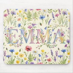 Emma Personalised Name Watercolor Wildflowers Mous Mouse Mat