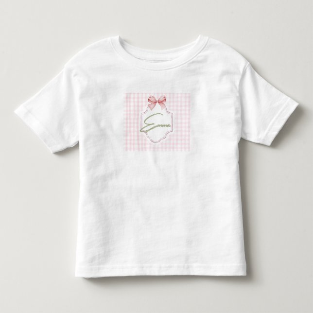 Emma Personalized Pink Bow & Gingham Print  Toddler T-Shirt (Front)