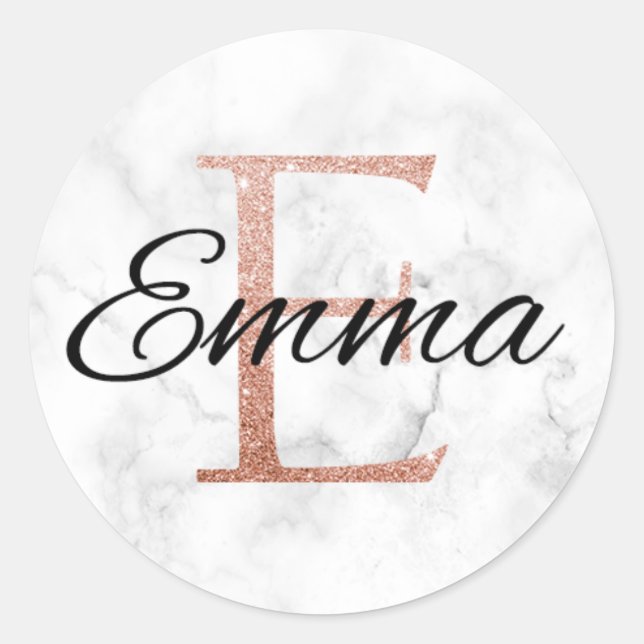 Emma Rose Gold Glamour Marble Monogram E Inital Classic Round Sticker (Front)