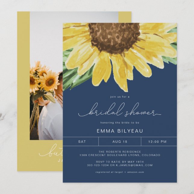 EMMA Rustic Blue Sunflower Floral Bridal Shower Invitation (Front/Back)