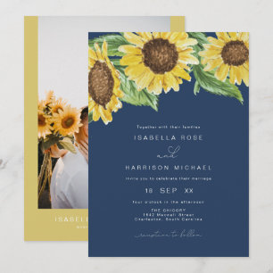 EMMA Rustic Navy Blue Watercolor Sunflower Wedding Invitation