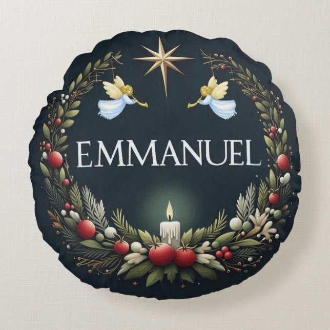 Emmanuel Christmas angels Round Cushion (Front)