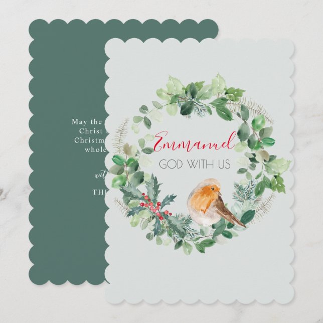 Emmanuel God with Us Watercolour Wreath Christmas  Holiday Card (Front/Back)