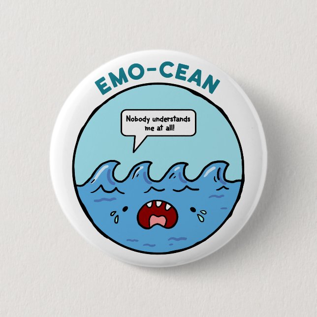Emo-cean Ocean Beach Pun Button Pin (Front)