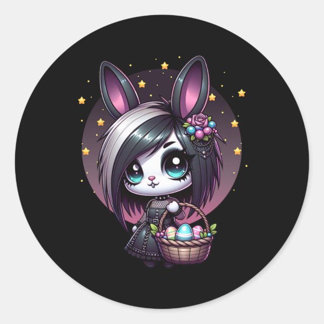 Emo Easter Bunny Cute Goth Girl Whimsigoth Egg Hun Classic Round Sticker (Front)