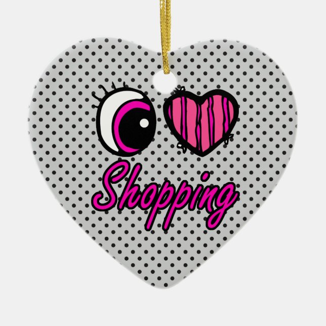 Emo Eye Heart I Love Shopping Ceramic Tree Decoration (Front)