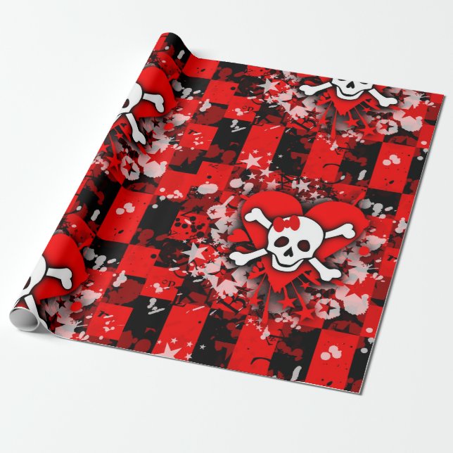 Emo Love Heart Skull Wrapping Paper (Unrolled)
