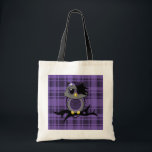 Emo Owl on Plaid Bag<br><div class="desc">Custom Budget Tote has a cute vector art design of an emo owl with black hair and a skull bow on a branch and a purple plaid pattern background.</div>