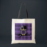 Emo Owl on Plaid Bag<br><div class="desc">Custom Budget Tote has a cute vector art design of an emo owl with black hair and a skull bow on a branch and a purple plaid pattern background.</div>