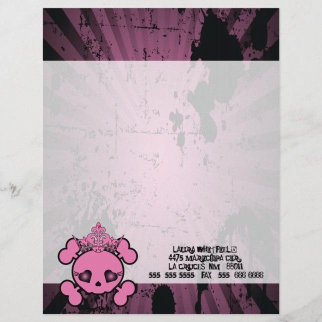 EMO Pink Skull Crossbones Letterhead Stationery (Front)