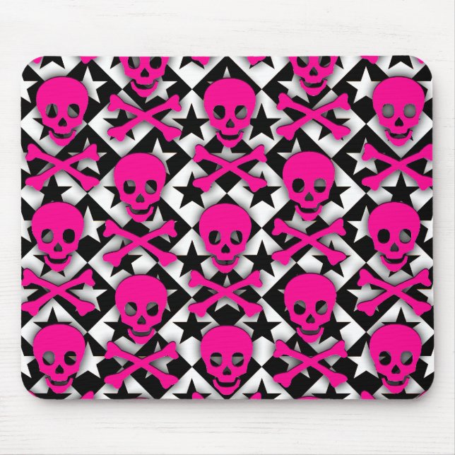 Emo Pink Skulls & Stars Mouse Mat (Front)