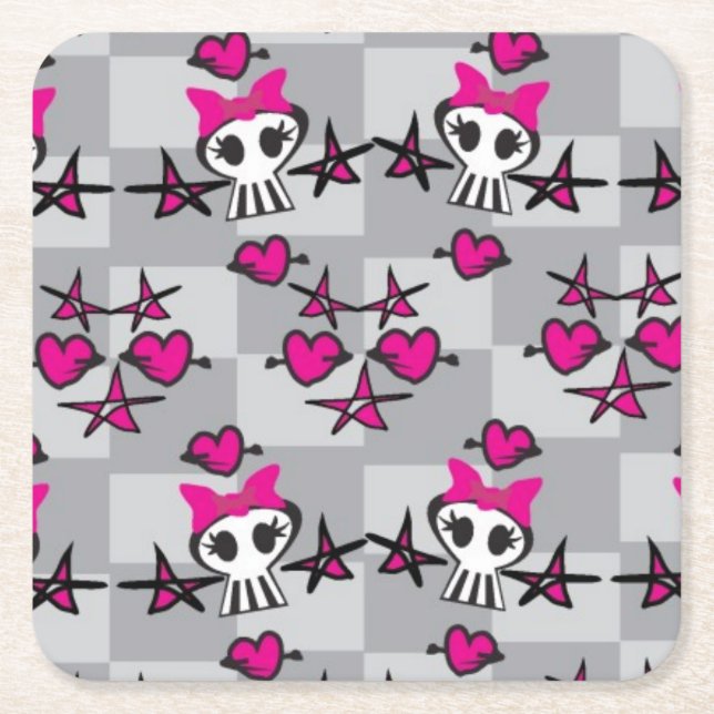Emo Skulls Pattern Square Paper Coaster (Front)