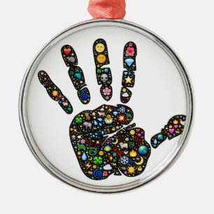 Emoji-art handprint with natural world icons metal tree decoration
