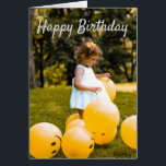 Emoji Balloons, Yellow Sunshine Birthday<br><div class="desc">Emoji Balloons, Yellow Sunshine Birthday A little girl dressed in white with several happy emoji balloons at her feet. Above her head it says Happy Birthday and on the inside it can be customised to have the child's name and the giver's name. The sentiment reads "I look over at you...</div>