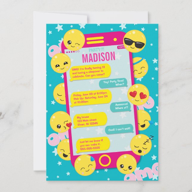 Emoji Birthday Invitation / Cell Phone Text / Pink (Front)