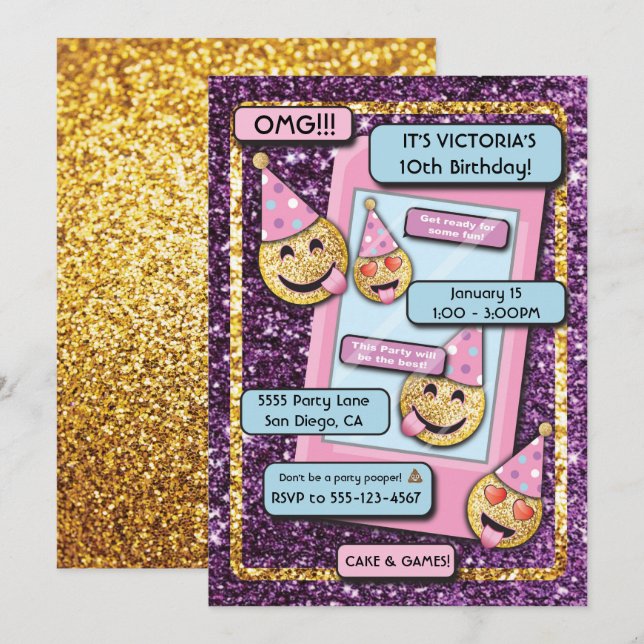 Emoji Birthday Party Cell Phone text invitation (Front/Back)