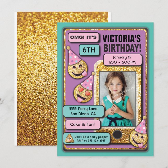 Emoji Birthday Party Cell Phone text invitation (Front/Back)