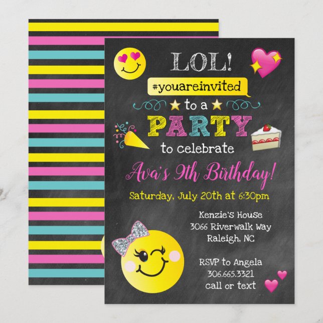 Emoji Birthday Party - Chalkboard Invitation (Front/Back)