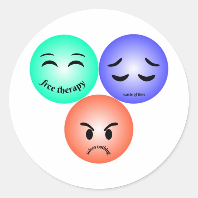 Emoji feelings with happy, sad and angry quotes  classic round sticker (Front)