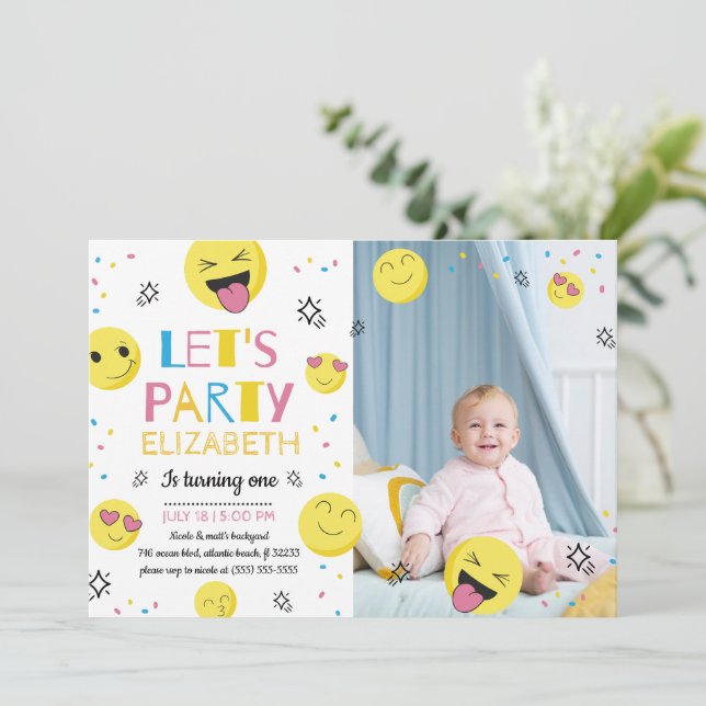 Emoji First Birthday Party Photo Invitation Card (Standing Front)