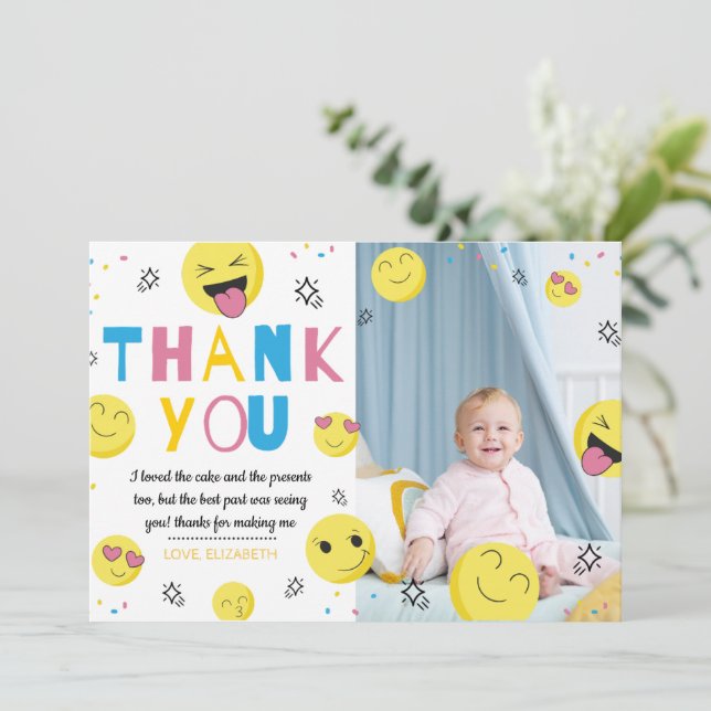 Emoji First Birthday Party Photo Thank You Card (Standing Front)