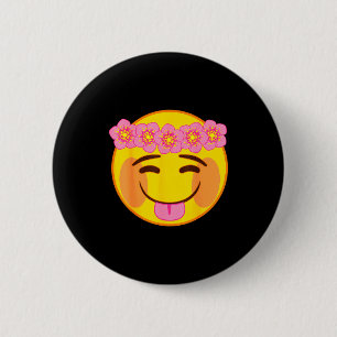 Emoji Flower Crown Tongue Yellow Smile Face  6 Cm Round Badge