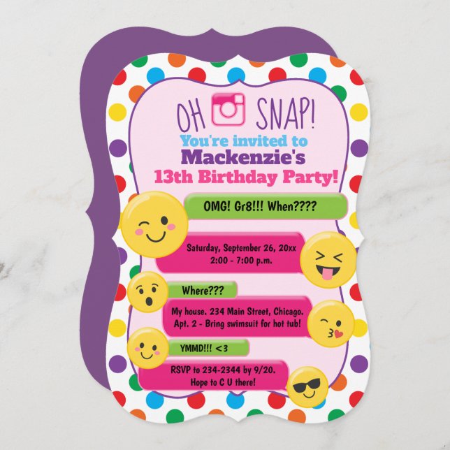 Emoji Girl's Teen Tween Birthday Invite Die Cut (Front/Back)