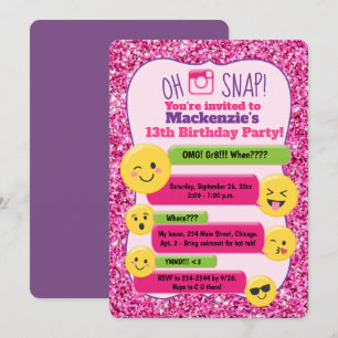 Emoji Girl's Teen Tween Birthday Pink Glitter Invitation