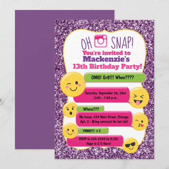 Emoji Girl's Teen Tween Birthday Purple Glitter Invitation (Front/Back)