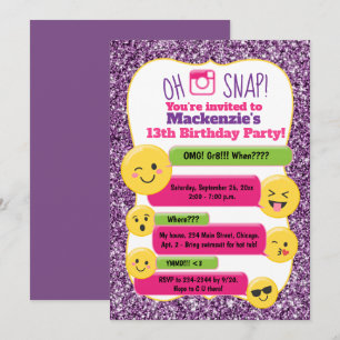 Emoji Girl's Teen Tween Birthday Purple Glitter Invitation