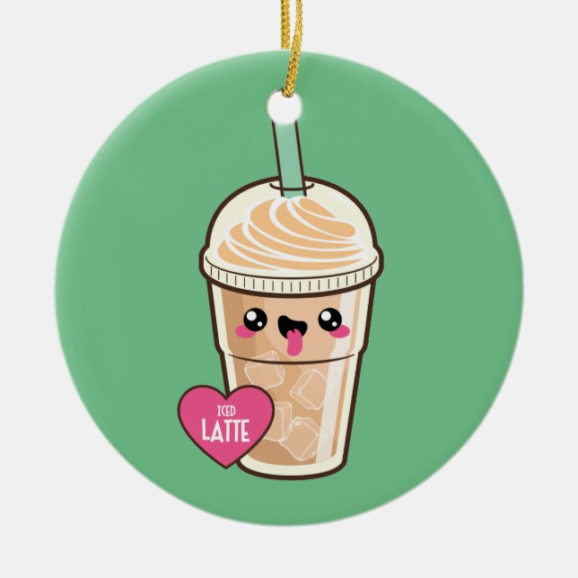 Emoji Iced Latte Ceramic Tree Decoration (Front)