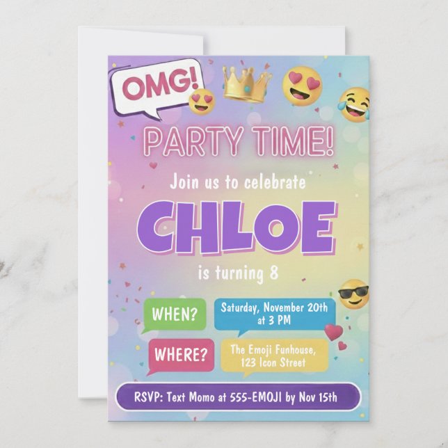 Emoji Party Birthday Invitation Neon Kids Theme (Front)