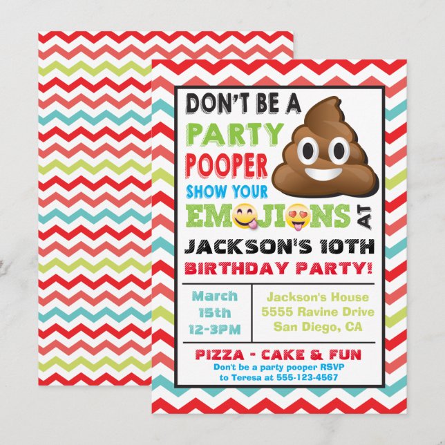 Emoji Party Pooper Birthay Invitation (Front/Back)