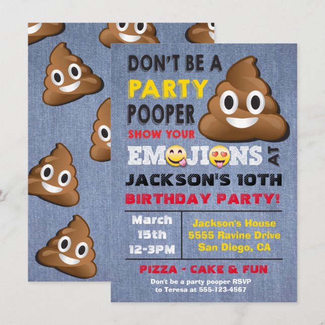 Emoji Party Pooper Birthay Invitation (Front/Back)