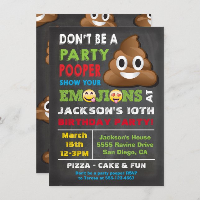 Emoji Party Pooper Boys Birthday Party Invitation (Front/Back)