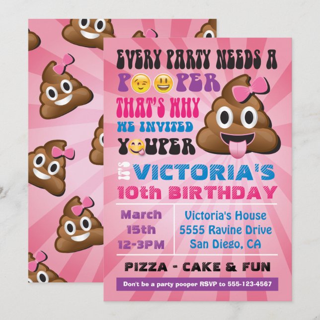 Emoji Party Pooper Girl Birthay Invitation (Front/Back)
