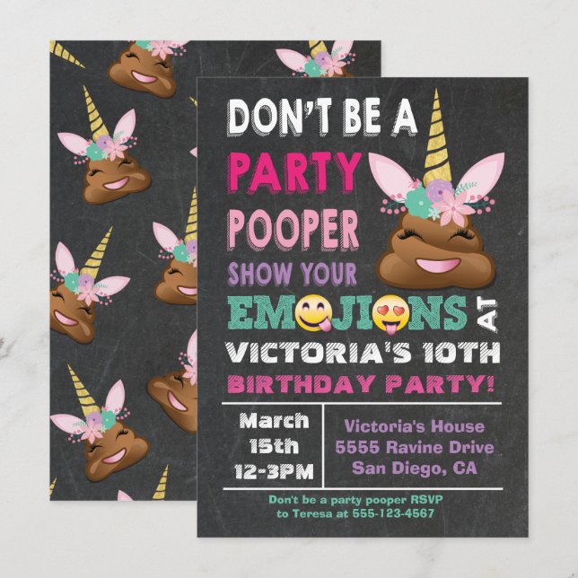 Emoji Party Pooper Unicorn Birthay Invitation (Front/Back)