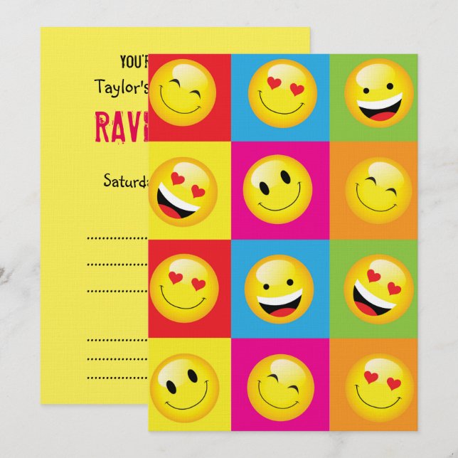 Emoji Party Smilie Faces Acid House Rave Night Invitation (Front/Back)