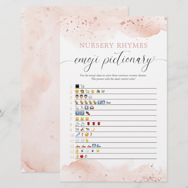 Emoji pictionary baby shower game watercolor rose (Front/Back)