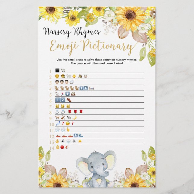 Emoji pictionary baby shower game yellow elephant (Front)