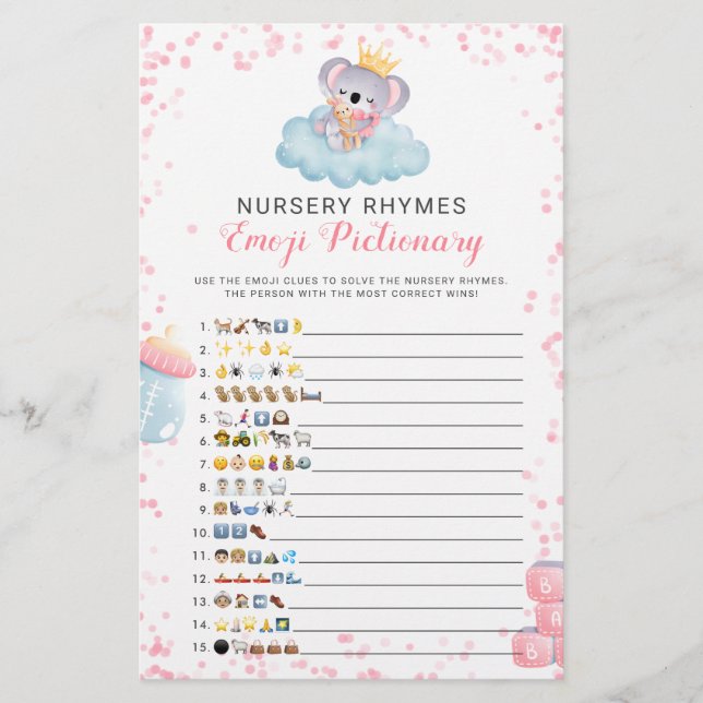 Emoji Pictionary Girl Koala Bear Baby Shower Game (Front)